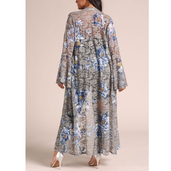 Plus Gray Blue Floral Lace Kimono Cardigan Tunic - Picture 4 of 5